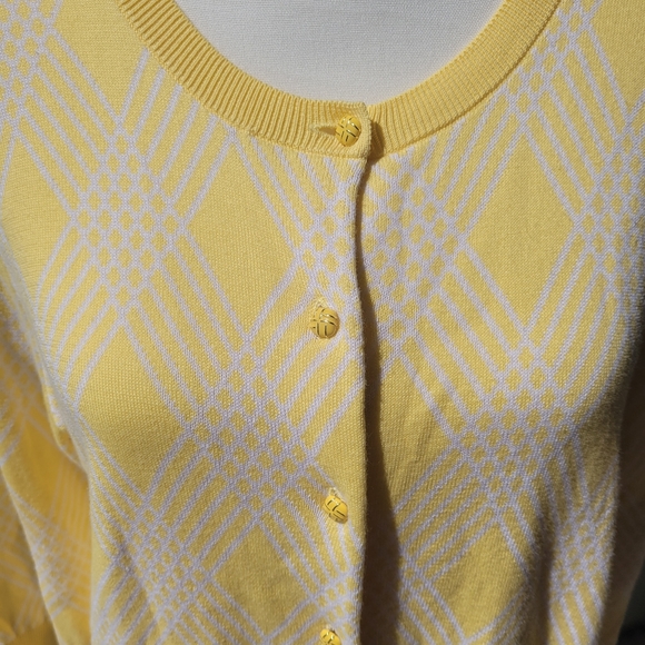 Talbots Petite Yellow-White Argyle Cardigan Sweater 3/4 Sleeve Size Lp - Picture 2 of 8